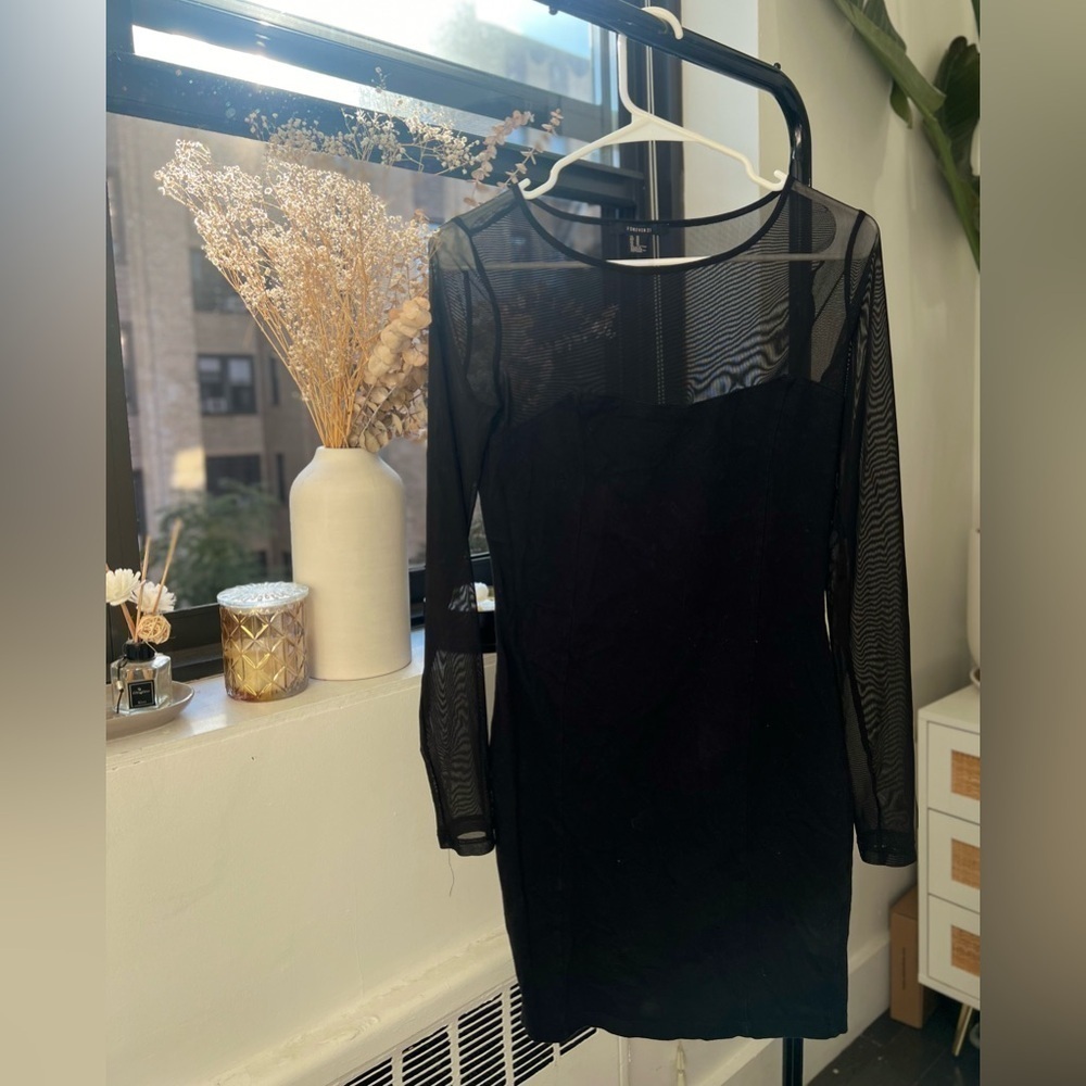 Black mid length sheer long sleeve dress